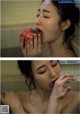 A woman is eating an apple in a bathtub.