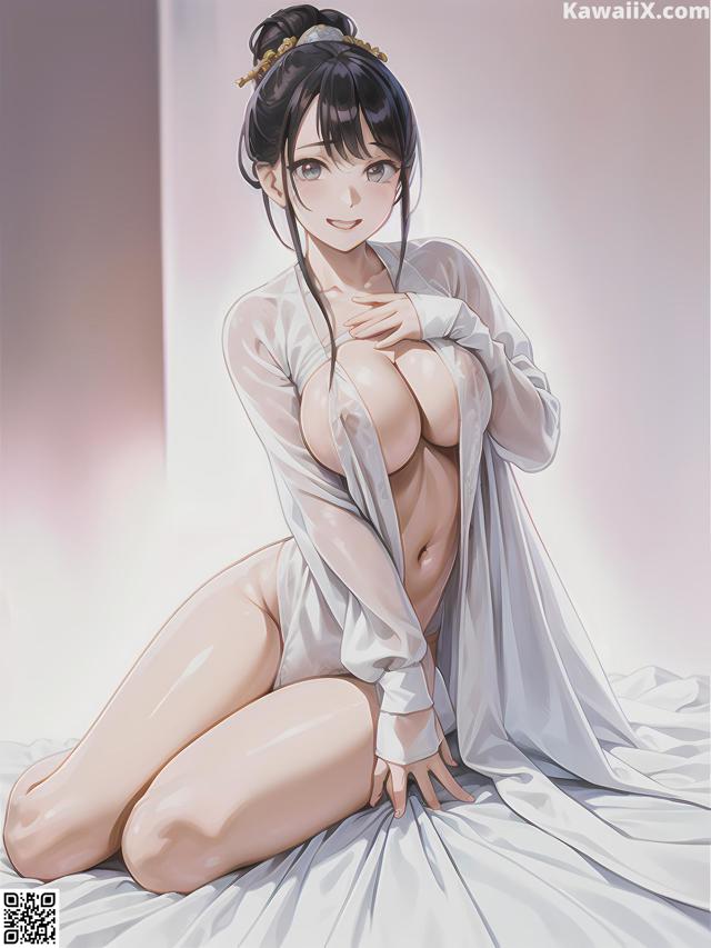 A woman in a white robe sitting on a bed.