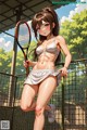 A woman in a bikini holding a tennis racket.